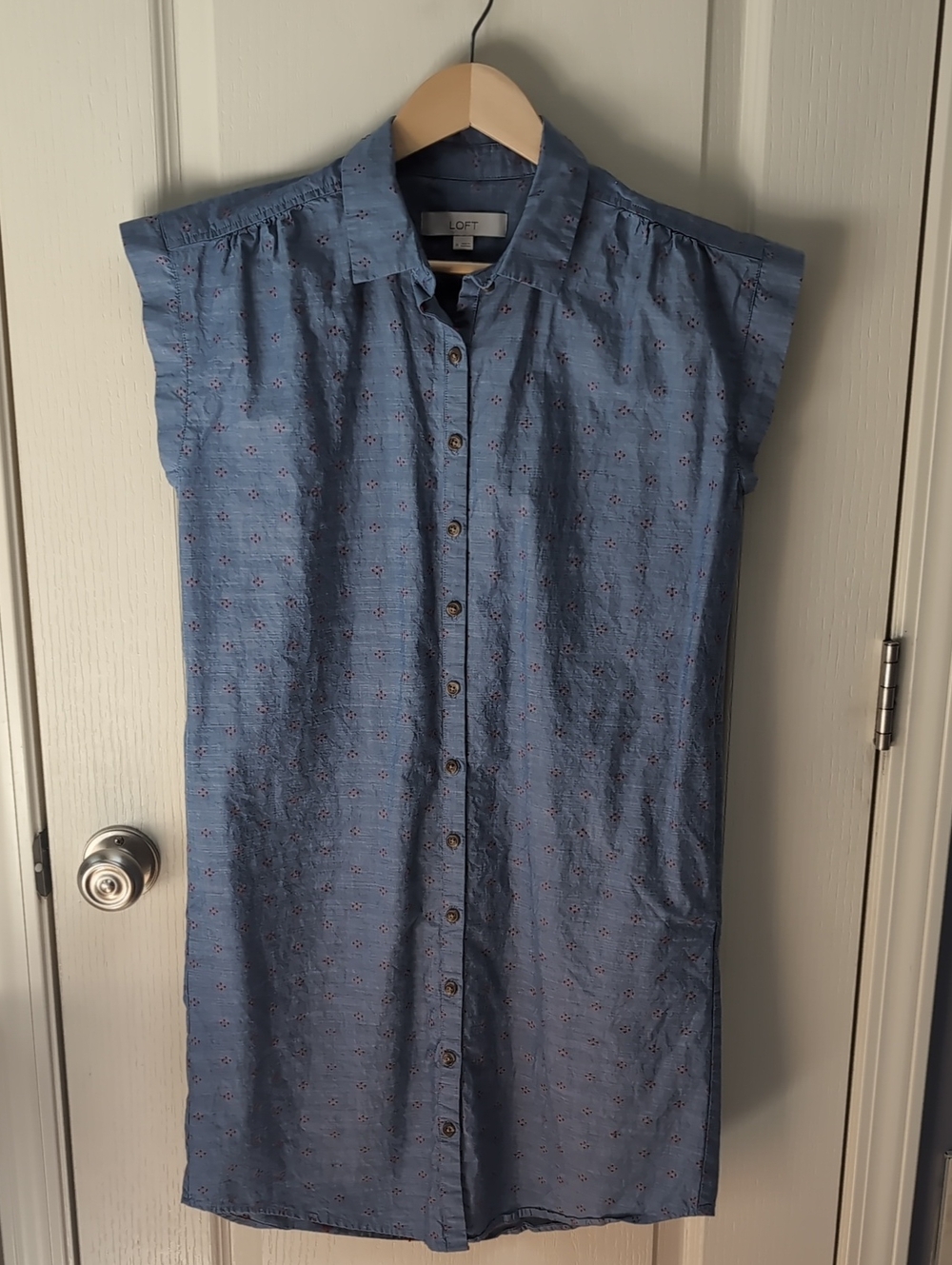 LOFT Blue Button-Front Cap-Sleeve Shirt Dress